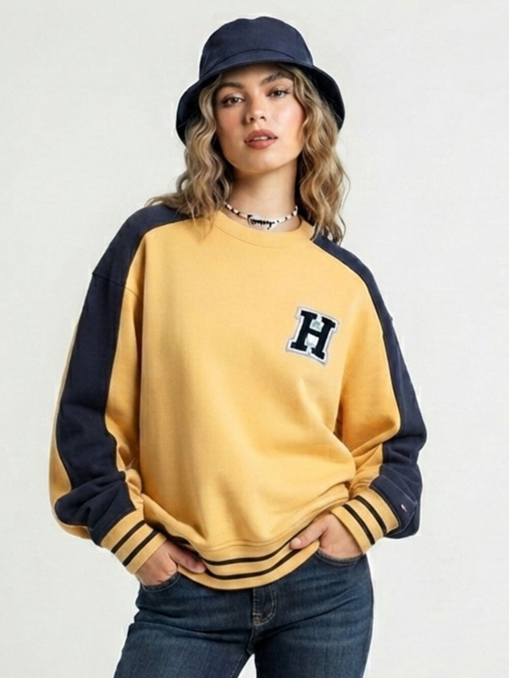 Vintage Tommy Hilfiger Varsity Sweatshirt Yellow Navy Crewneck Logo Unisex Y2K